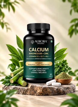 Aurcira Organic Calcium + Magnesium + Zinc Tablets – With Vitamin D3, K2-7 & B12 | 60 Tablets