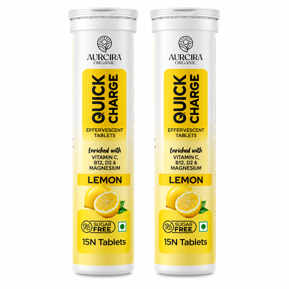Quick Charge Lemon Effervescent Tablets with Vitamin C, B12, D2 & Magnesium, Sugar Free, 15 Tablets