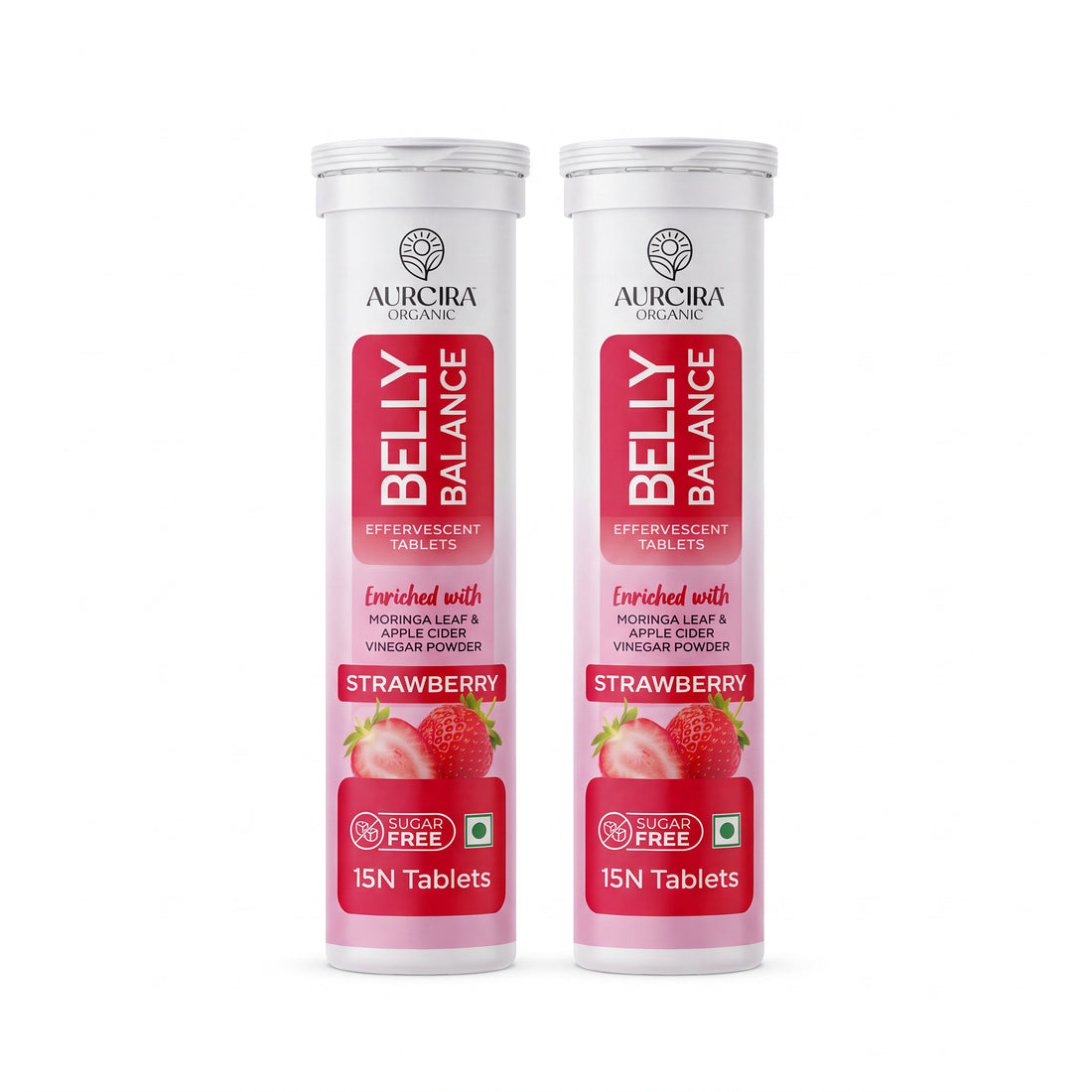 Strawberry Belly Balance Effervescent Tablets with 500 mg Apple Cider Vinegar Powder, Moringa Extract, Vitamin C, B6, B12 & Folic Acid, Sugar Free, 15 Tablets