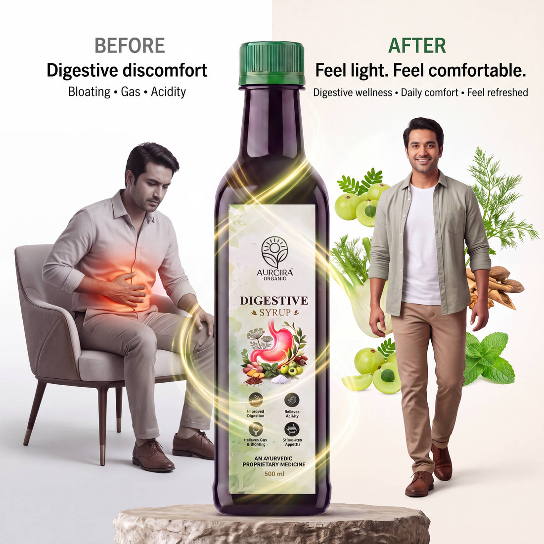 Aurcira Organic Ayurvedic Digestive Syrup 500 ml – Herbal Digestive Support for Acidity, Gas, Bloating &amp; Appetite