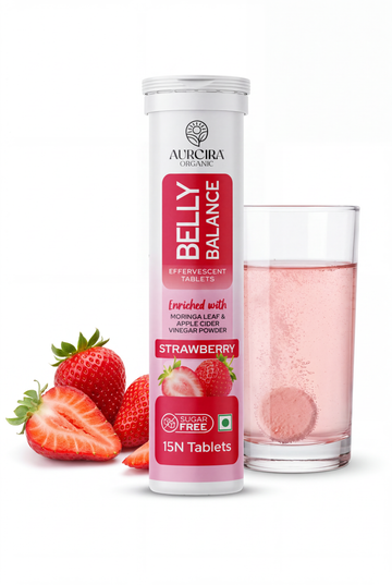 Strawberry Belly Balance Effervescent Tablets with 500 mg Apple Cider Vinegar Powder, Moringa Extract, Vitamin C, B6, B12 & Folic Acid, Sugar Free, 15 Tablets